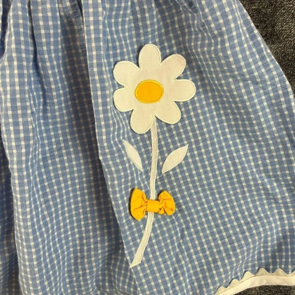 Vtg Little Bitty Gingham Blue Floral Embroidered Dress Sleeveless Girl 4 Tie